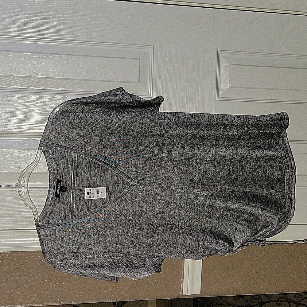 EXPRESS SZ M, SILVER BLOUSE WITH A TIE ON SIDE OF BLOUSE